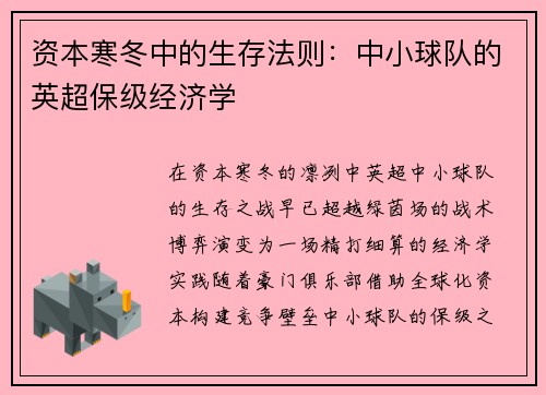 资本寒冬中的生存法则：中小球队的英超保级经济学